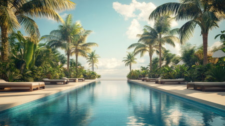 Experience the tranquility of a tropical poolside oasis surrounded by palm trees and lush greenery, perfect for relaxation and escape under a sunny sky.の素材