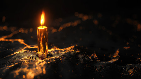 A stunning close-up of a glowing candle flame against a dark backdrop, highlighting the serene ambiance and soft reflections, perfect for relaxing or romantic settings.の素材