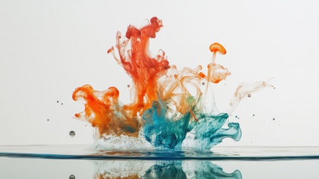 A stunning abstract creation featuring vibrant ink swirls blending in water. The dynamic colors of orange, blue, and brown create a captivating visual effect.の素材