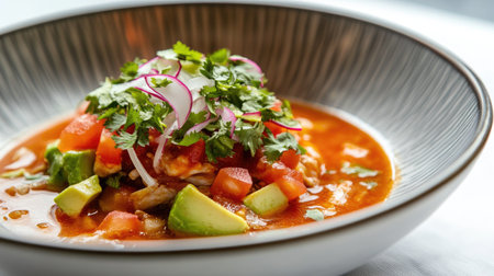 A vibrant bowl of fresh soup featuring colorful vegetables, topped with herbs and garnishes, perfect for a healthy meal or gourmet dining experience.の素材