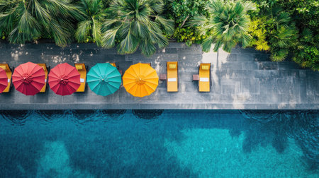 A vibrant overhead view of colorful umbrellas next to a serene swimming pool, surrounded by lush greenery, creating a perfect relaxation spot.の素材