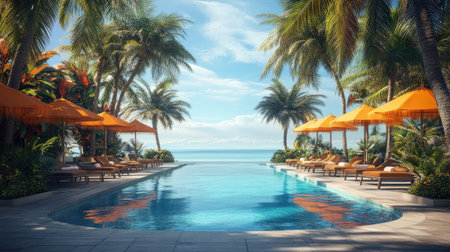 A stunning tropical oasis featuring a tranquil pool surrounded by vibrant palm trees and inviting loungers, perfect for relaxation and vacation vibes.の素材