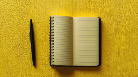 A flatlay image of a blank notebook with lined pages beside a black pen on a vibrant yellow background, perfect for creative ideas and note-taking.の素材