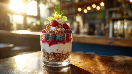 A delicious berry yogurt parfait featuring layers of creamy yogurt, granola, and fresh fruit. Perfect for a healthy breakfast or afternoon snack.の素材