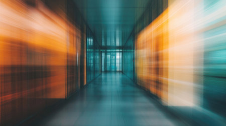 A vibrant and abstract view of a blurred corridor showcasing colorful reflections. Perfect for themes of modern architecture and dynamic spaces.の素材