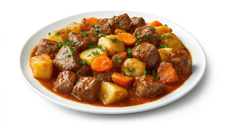 Savor the rich flavors of this hearty beef stew, featuring tender chunks of beef, colorful vegetables, and fresh herbs. Perfect for comforting meals.の素材