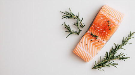 This image features a fresh salmon fillet placed on a white surface, surrounded by aromatic herbs like rosemary and thyme, highlighting its vibrant color and texture.の素材