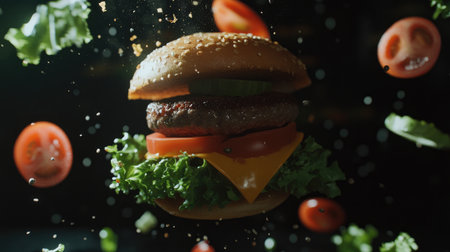 A stunning shot of a cheeseburger suspended in mid-air, showcasing fresh ingredients like lettuce, tomato, and cheese, perfect for food lovers and creatives.の素材
