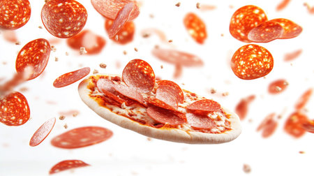 Experience a whimsical scene of pizza slices falling through the air, showcasing vibrant colors and a playful concept perfect for food photography or culinary art.の素材