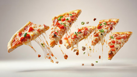 A stunning artistic presentation of cheesy pizza slices, showcasing the delicious melted cheese, fresh toppings, and vibrant colors against a minimalist background.の素材