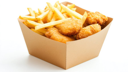 A tempting box filled with crispy French fries and chicken nuggets, perfect for indulging in fast food cravings during lunch or dinner gatherings.の素材