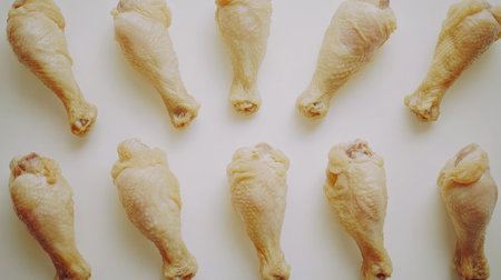 This image showcases beautifully arranged fried chicken legs on a clean white background, perfect for food-related projects or culinary presentations.の素材