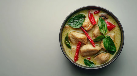 A vibrant bowl of green chicken curry featuring tender chicken pieces, fresh basil, and red chilies, perfect for a flavorful meal. Enjoy its aromatic spices!の素材
