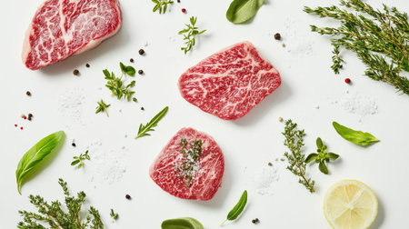Discover visually stunning marbled beef steaks arranged with fresh herbs, spices, and lemon. Ideal for culinary presentations and recipe inspirations.の素材