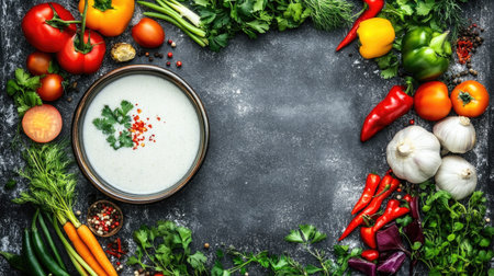 A vibrant top view of a fresh vegetable soup bowl surrounded by colorful ingredients like peppers, tomatoes, and herbs, perfect for healthy meal ideas.の素材