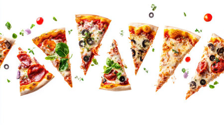 A visually striking arrangement of pizza slices showcases various delicious toppings. Perfect for food presentations, menus, and culinary inspiration.の素材