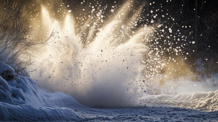A stunning winter scene showcasing a snow explosion illuminated by sunlight, creating a breathtaking display of nature's beauty and dynamic textures.の素材