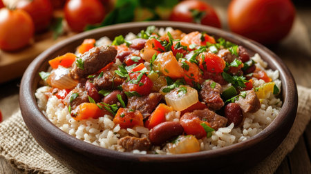 A vibrant bowl of rice topped with a mix of fresh vegetables and savory meat. Perfect for showcasing healthy and delicious meal options.の素材