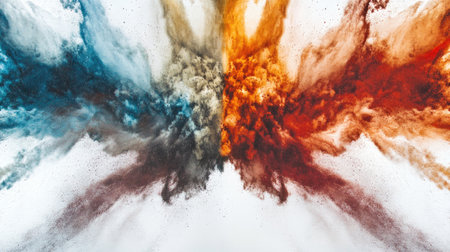A stunning visual of a colorful smoke explosion featuring vibrant orange and blue powders dispersing dramatically across a white background.の素材