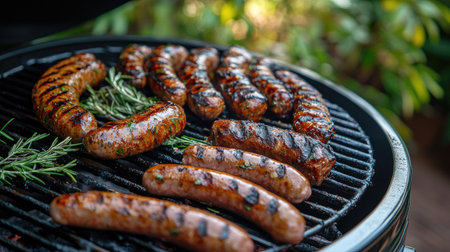 Juicy sausages grilled to perfection on a barbecue, garnished with fresh herbs. Ideal for summer cookouts or family gatherings, showcasing mouthwatering flavors.の素材