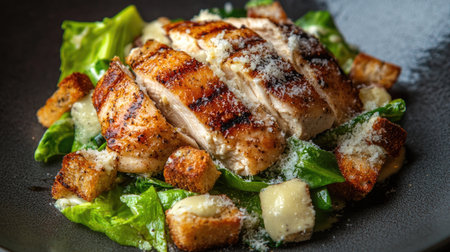 A delicious grilled chicken salad featuring tender chicken slices, crisp greens, and crunchy croutons, garnished with a sprinkle of cheese. Perfect for a healthy meal.の素材