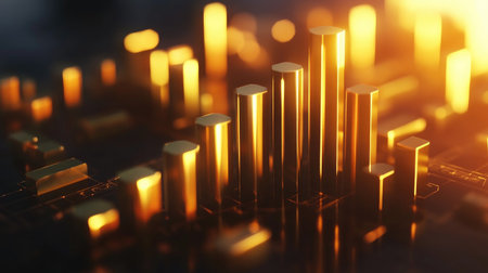 A stunning close-up of golden data visualizations showcasing financial metrics and trends. This image features glowing bars representing growth and analysis in a modern digital environment.の素材