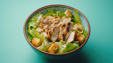 Enjoy a delicious chicken salad featuring tender grilled chicken, crisp greens, and crunchy croutons, beautifully presented in a colorful bowl on a green background.の素材