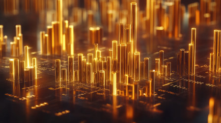 A vibrant golden data visualization background featuring vertical bars that depict complex information and analytics, ideal for technology and finance themes.の素材