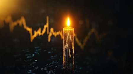 A glowing candle sits amidst financial data, symbolizing warmth and insight in the world of finance. Ideal for concepts in trading, investment, and analysis.の素材