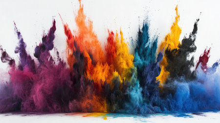 A dynamic and colorful explosion of powder creates an abstract art piece, showcasing vibrant hues against a clean white background. Perfect for creative projects.の素材