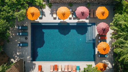 Aerial view of a serene swimming pool surrounded by colorful umbrellas, offering a relaxing vacation atmosphere in a tropical setting. Ideal for leisure.の素材