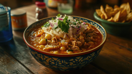 A vibrant bowl of traditional Mexican soup topped with fresh garnishes like cilantro and onion, showcasing delicious ingredients and rustic presentation.の素材