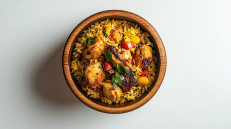 A vibrant bowl of rice topped with grilled chicken pieces, garnished with fresh ingredients. Perfect for a healthy and appetizing meal idea.の素材