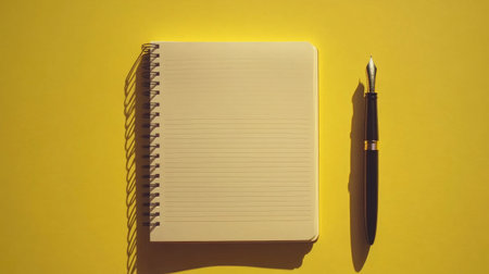 A blank notebook with a pen rests on a vibrant yellow surface, creating a perfect backdrop for inspiration, creativity, and productivity in writing or note-taking.の素材