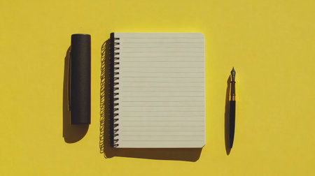 A minimalistic flat lay image featuring a blank notebook, a pen, and a pen case on a bright yellow background, ideal for creative projects and designs.の素材