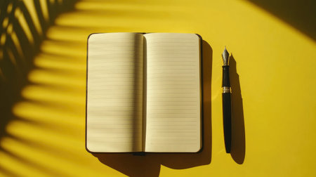 Bright yellow surface featuring an open notebook and a pen. This minimalist composition with shadows creates an inviting space for writing and creativity.の素材