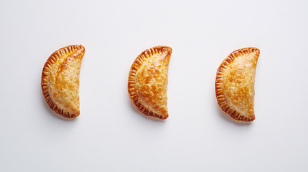 Three golden pastries arranged neatly on a white background. Perfect for showcasing delicious baked treats that evoke warmth and comfort in any culinary setting.の素材