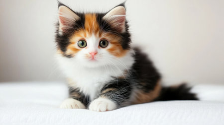 This charming calico kitten showcases bold fur patterns and an adorable expression. Perfect for cat lovers and animal enthusiasts seeking a delightful image.の素材