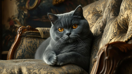 A beautiful British Shorthair cat with thick fur and striking orange eyes sits elegantly on vintage furniture, embodying charm and tranquility.の素材