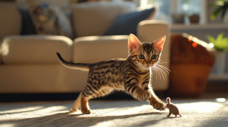 A charming Bengal kitten with a spotted coat playfully runs in warm indoor light. This adorable scene captures the kitten's joyful spirit and dynamic movement.の素材