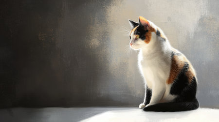 A serene calico cat with a white face and black spots sits gracefully in sunlight, capturing the essence of calm and elegance in this soft portrait.の素材