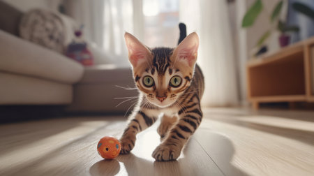 A playful Bengal kitten with a spotted coat energetically plays with a small toy indoors, showcasing its adorable demeanor and bright eyes.の素材