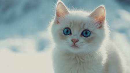 This charming close-up image features a white cat with striking blue eyes, showcasing its delicate features against a light gray backdrop. Perfect for animal lovers.の素材