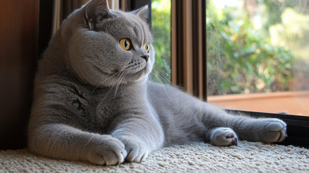 A plush gray British Shorthair cat is lounging peacefully by a window, showcasing its soft fur, curious gaze, and tranquil demeanor in a cozy indoor setting.の素材