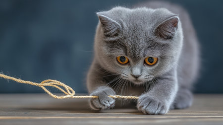 This charming gray British Shorthair kitten is seeing playing with a string, showcasing its playful nature and captivating golden eyes in a vibrant indoor setting.の素材