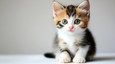 This charming calico kitten features bright green eyes and a playful demeanor, making it an ideal subject for any pet photography collection.の素材