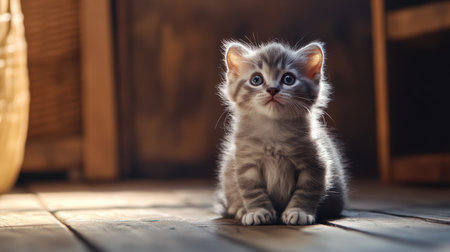 A charming gray American Curl kitten sits gracefully on a wooden floor, illuminated by soft light, showcasing its innocent and playful nature. Perfect for animal lovers!の素材