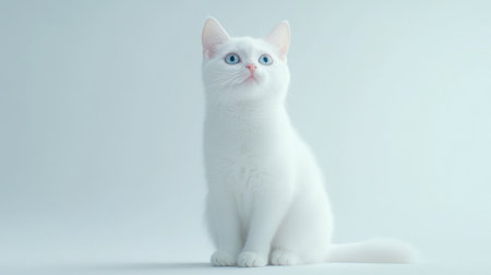 This charming image features a fluffy white cat sitting gracefully in a bright, clean studio. The cat gazes curiously, showcasing its beautiful blue eyes in a serene setting.の素材