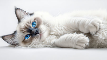 A beautiful male bicolor Ragdoll cat stretching comfortably on a soft surface. With striking blue eyes and fluffy fur, this relaxed pet embodies tranquility.の素材