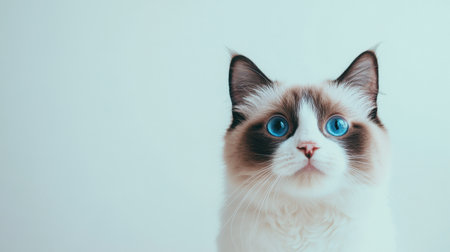 A charming bicolor male Ragdoll cat with striking blue eyes gazes curiously at the camera. This fluffy feline captures the essence of serenity and companionship.の素材